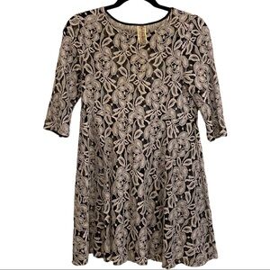 Free People XS Black Gray Floral Lace Sheer Three-quarter Sleeve Feminine Dress